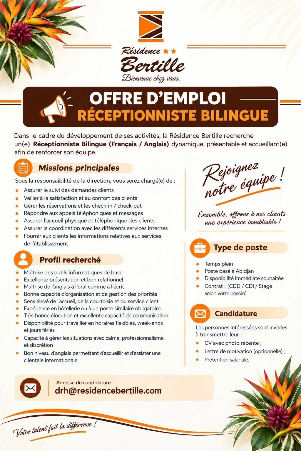 OFFRE D’EMPLOI — RÉCEPTIONNISTE BILINGUE