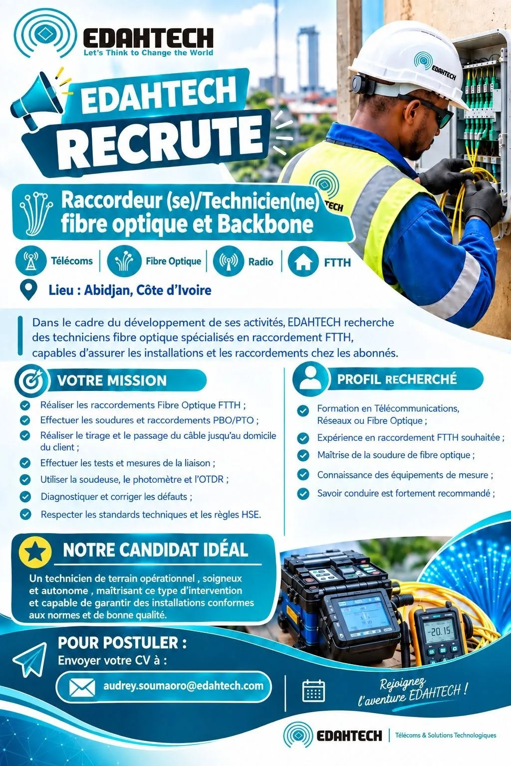 RECRUTEMENT RECCORDEUR TECHNICIEN FIBRE OPTIQUE (H/F)