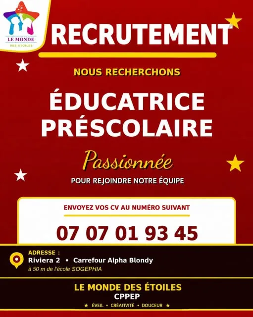 LE MONDE DES ÉTOILES RECRUTE ÉDUCATRICE PRÉSCOLAIRE