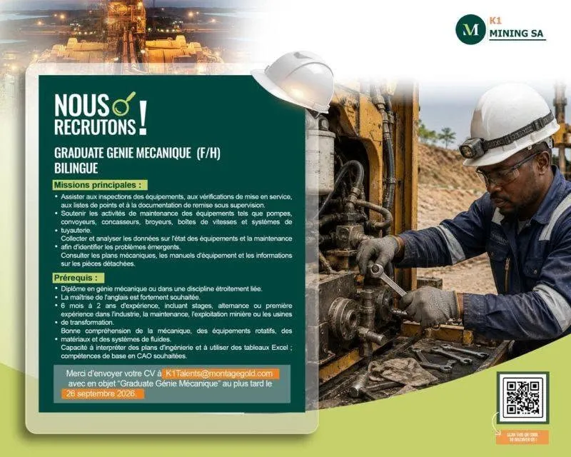 MINING SA RECRUTE GRADUAGE GENIE MECANIQUE (H/F)