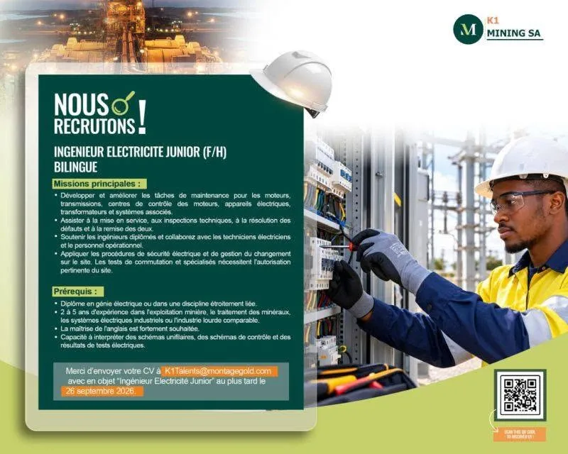MINING SA RECRUTE ELECTRICIEN JUNIOR (H/F)