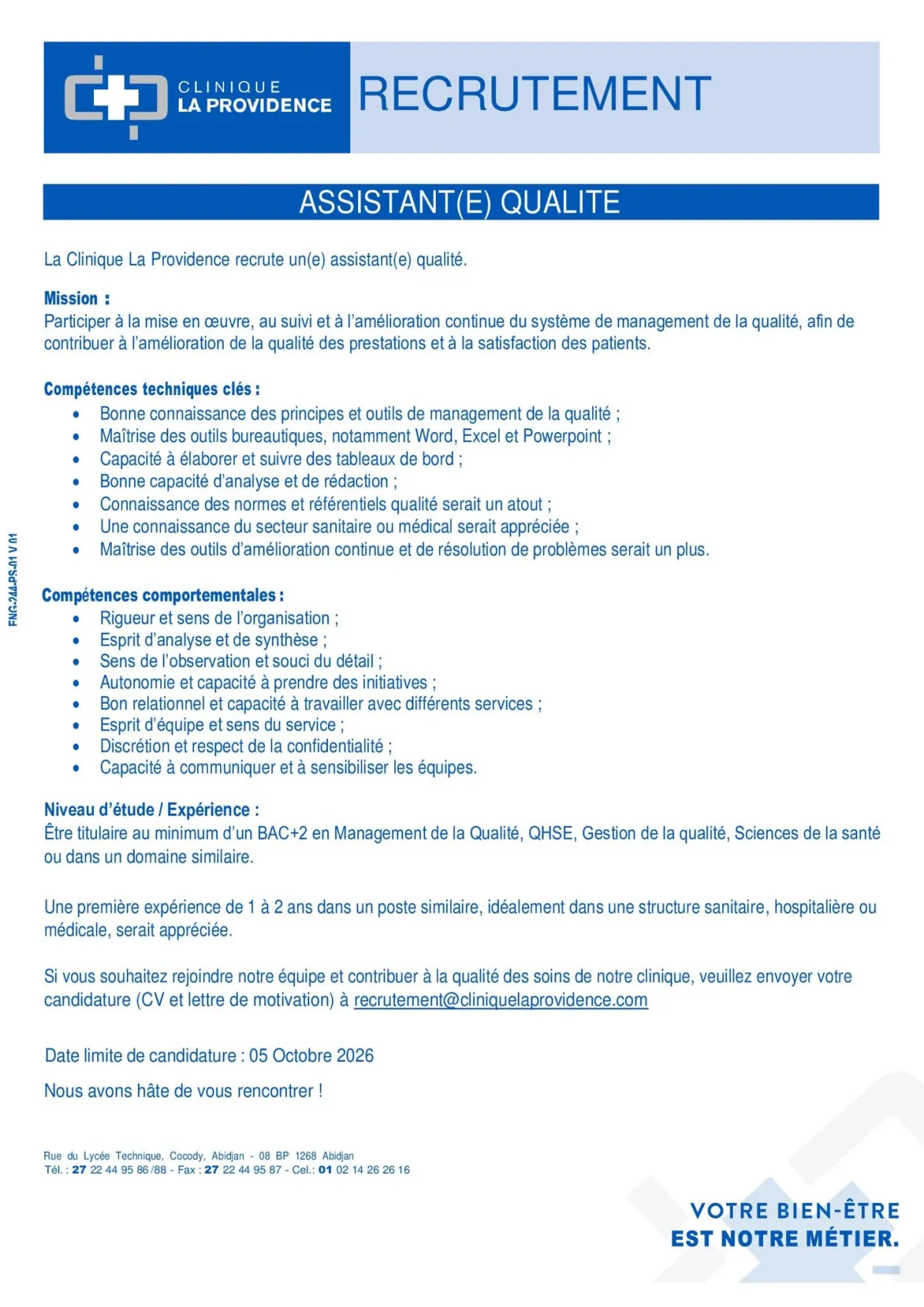 RECRUTEMENT ASSISTANT DE QUALITE (H/F)