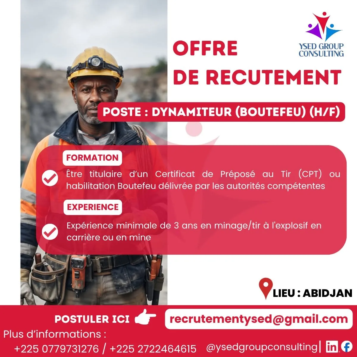 Offre d'emploi RECRUTEMENT DYNAMITEUR (BOUTEFEU) (H/F)