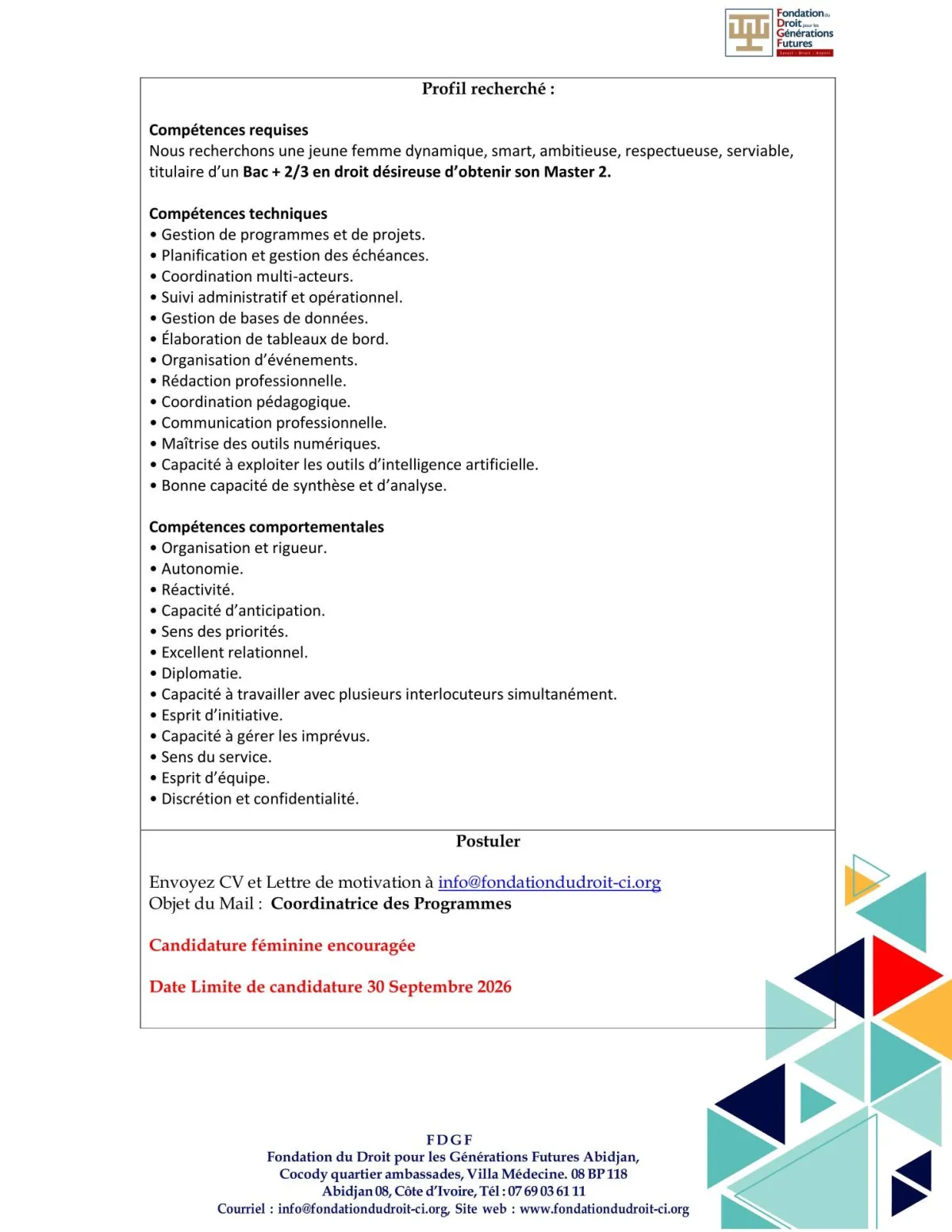 RECRUTEMENT COORDINATRICE DES PROGRAMME