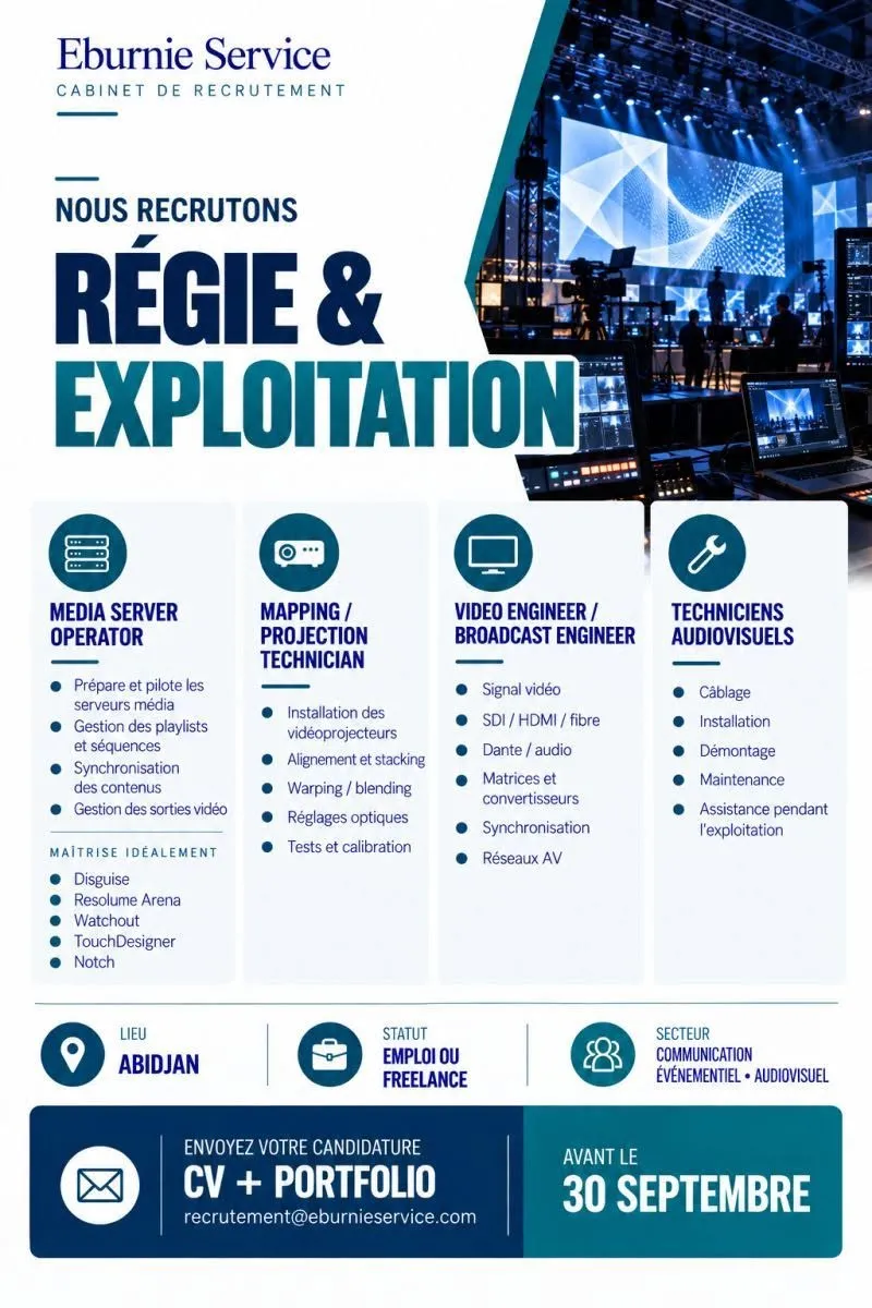 RECRUTEMENT TECHNICIENS EVENEMENTIELS ET AUDIOVISUELS (H/F)