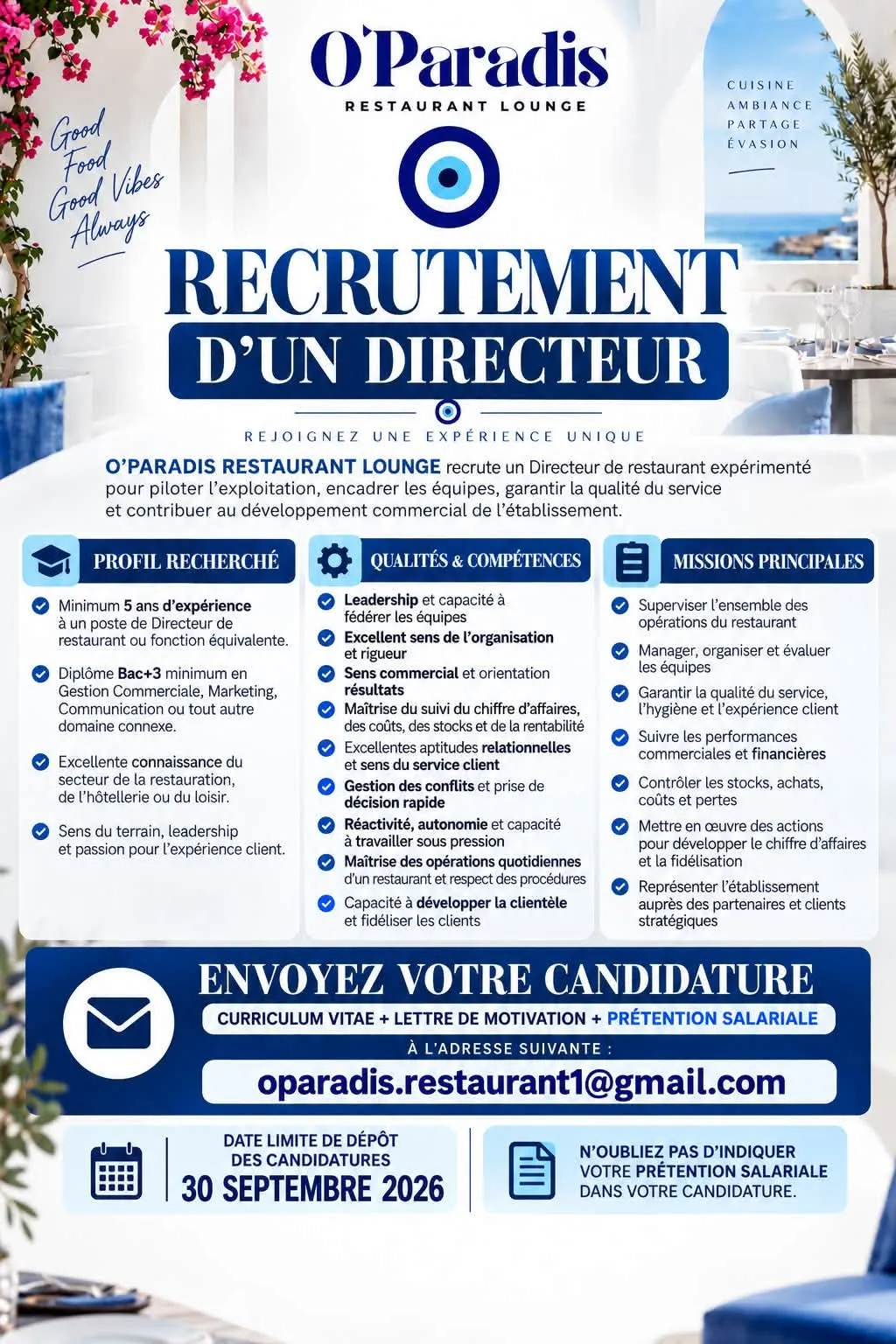 RECRUTEMENT DIRECTEUR DE CABINET RESTAURANT