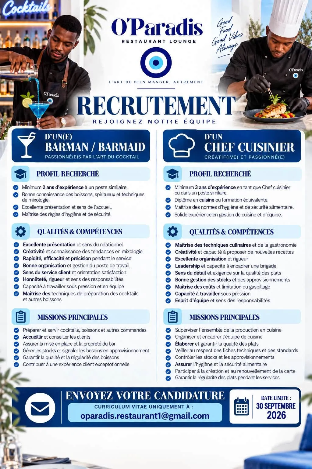 RECRUTEMENT BARMAN /BARMAID ET CHEF CUISINIER