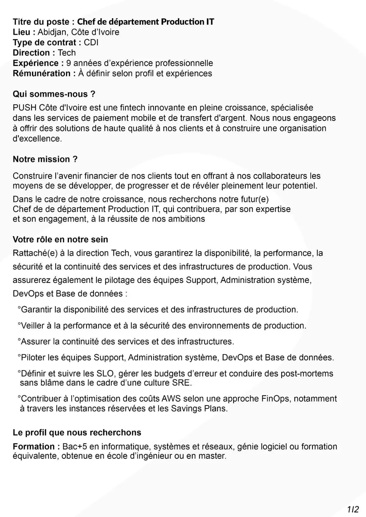 RECRUTEMENT CHEF DE DEPARTEMENT IT