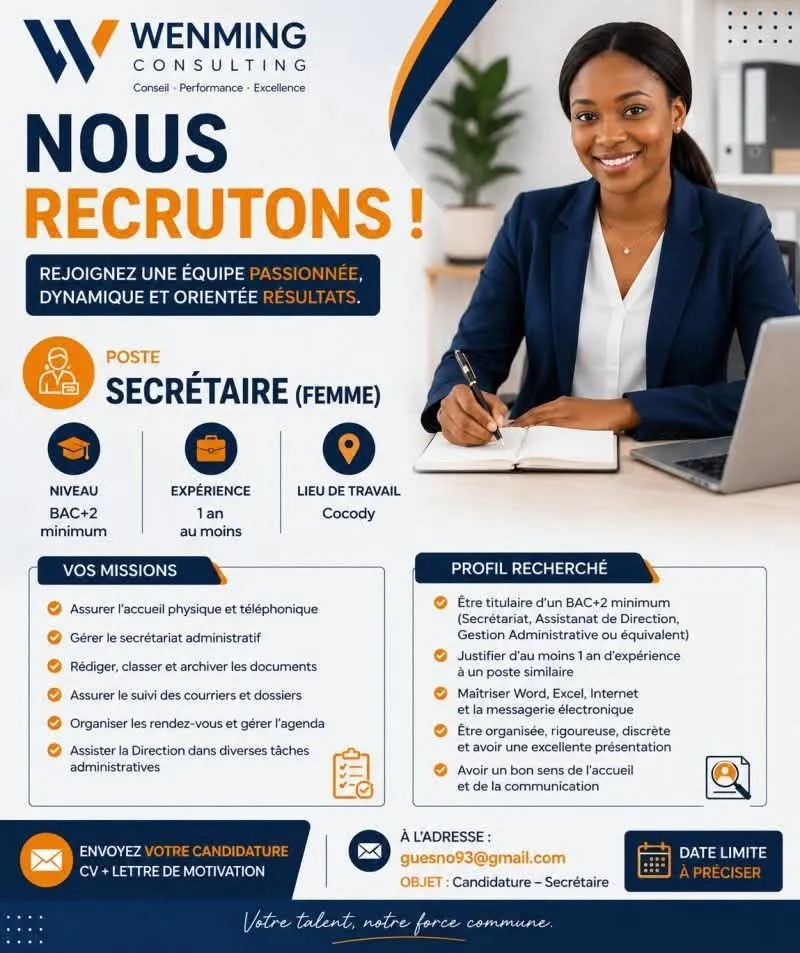 OPPORTUNITÉ D’EMPLOI | SECRÉTAIRE (FEMME)