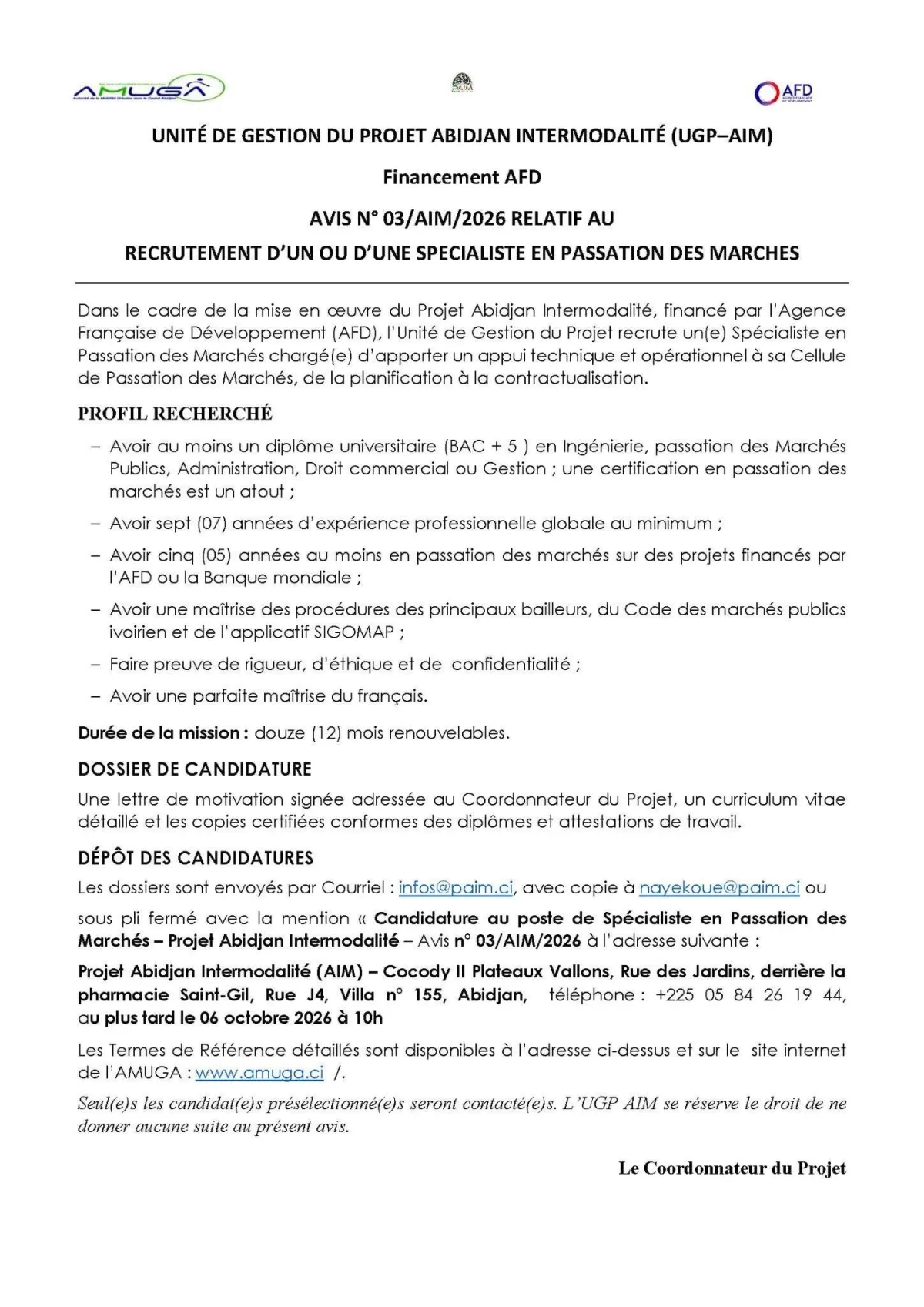 RECRUTEMENT D’UN OU D’UNE SPÉCIALISTE EN PASSATION DES MARCHÉS