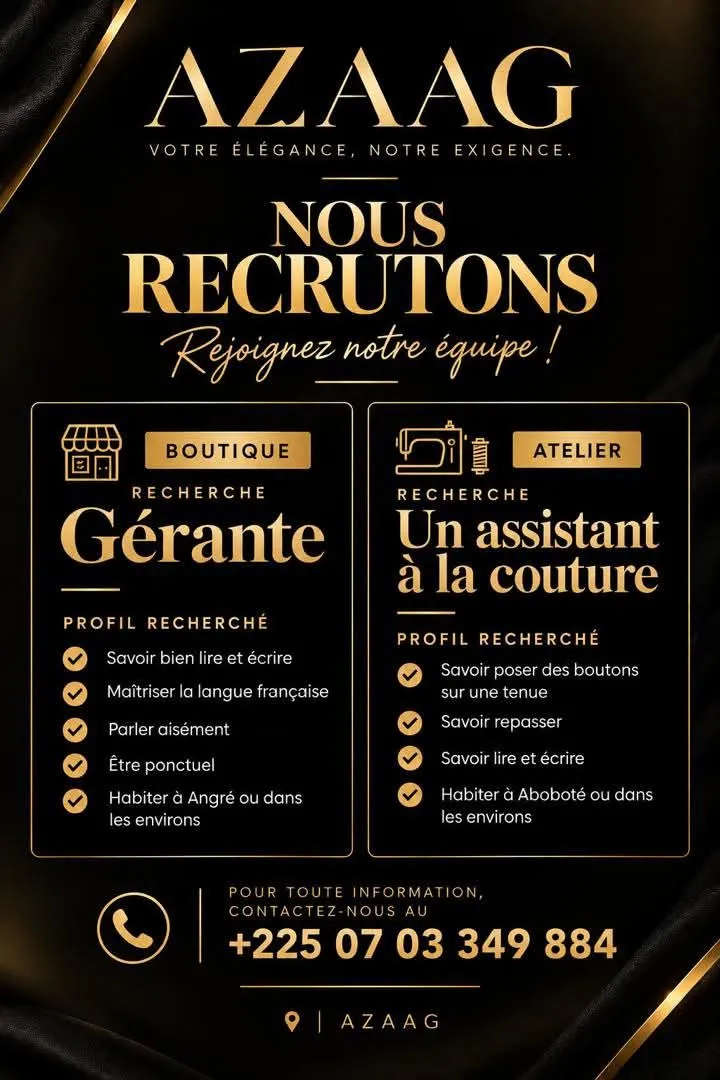 RECRUTEMENT GERANTE / ASSISTANT A LA COUTURE