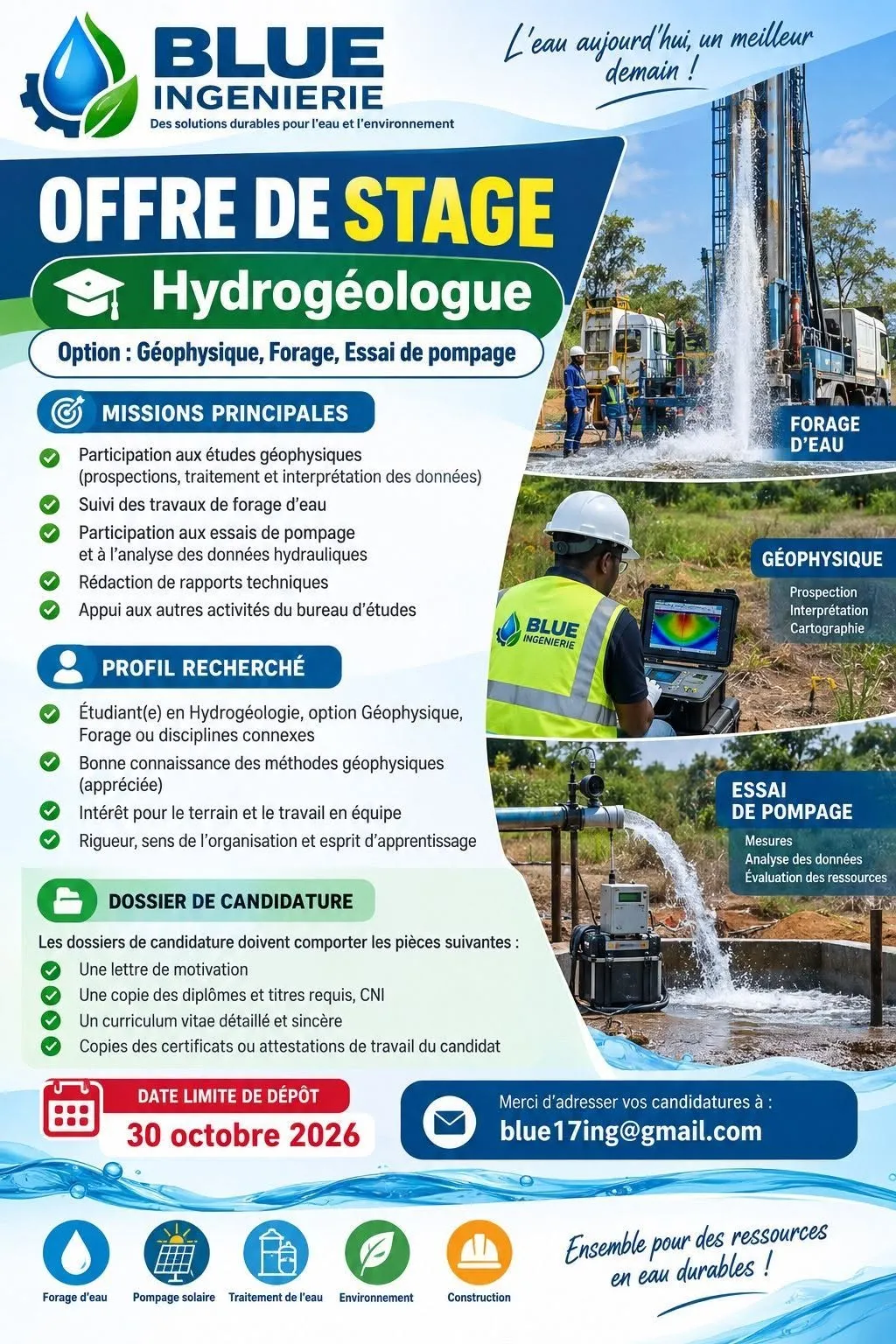 Offre d'emploi RECRUTEMENT DE STAGE HYDROGEOLOGUE