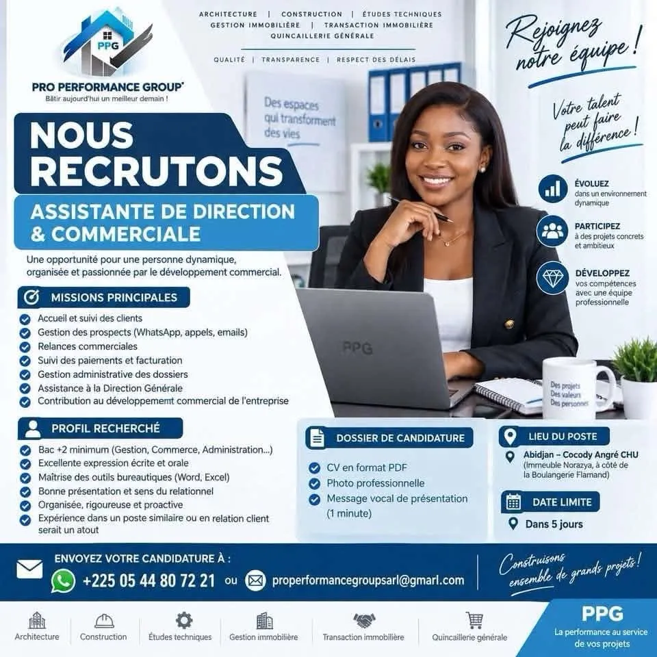 RECRUTEMENT D'ASSISTANTE DE DIRECTION ET COMMERCIALE