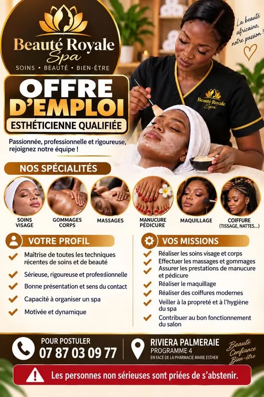RECRUTEMENT D'UNE ESTHETICIENNE QUALIFIEE