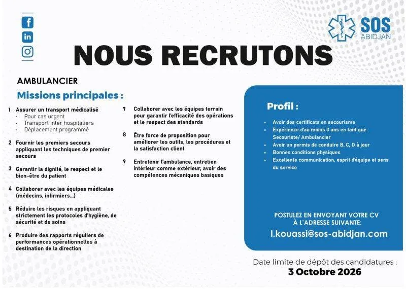 CLINIQUE RECRUTE UN AMBULANCIER