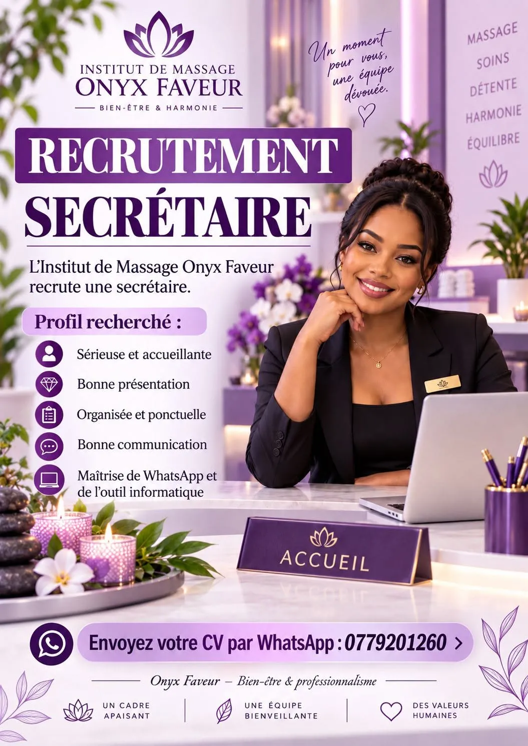INSTITUT DE MASSAGE RECRUTE UNE SECRETAIRE