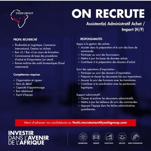 RECRUTEMENT ASSISTANT ADMINISTRATIF (H/F)