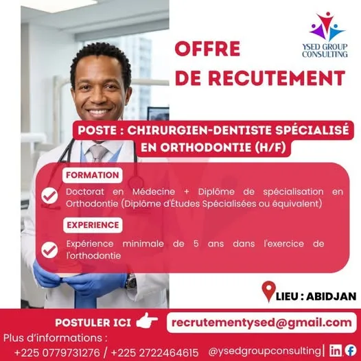 Offre d'emploi RECRUTEMENT CHIRURGIEN-DENTISTE EN ORTHODONTIE (H/F)