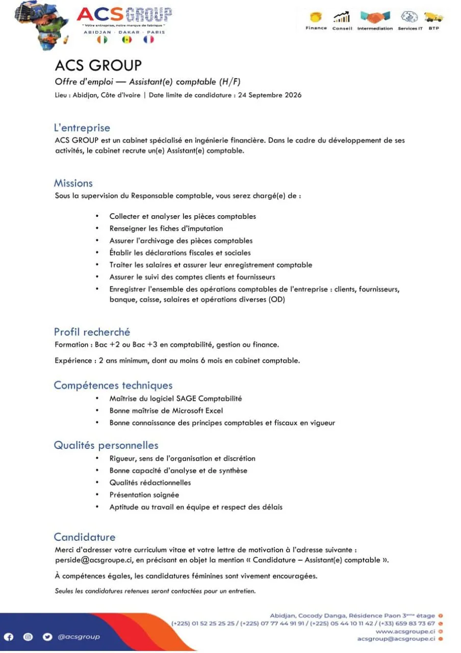 RECRUTEMENT ASSISTANT COMPTABLE (H/F)