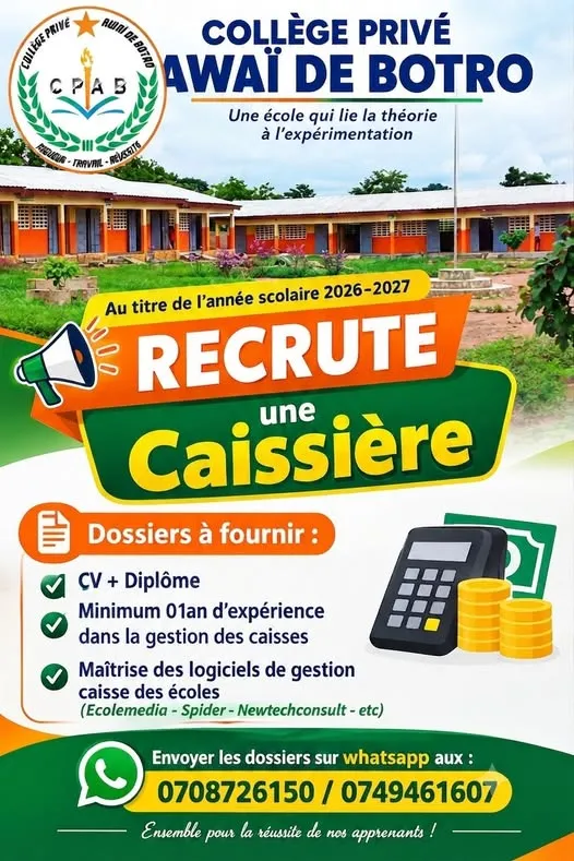 COLLEGE RECRUTE UNE CAISSIERE