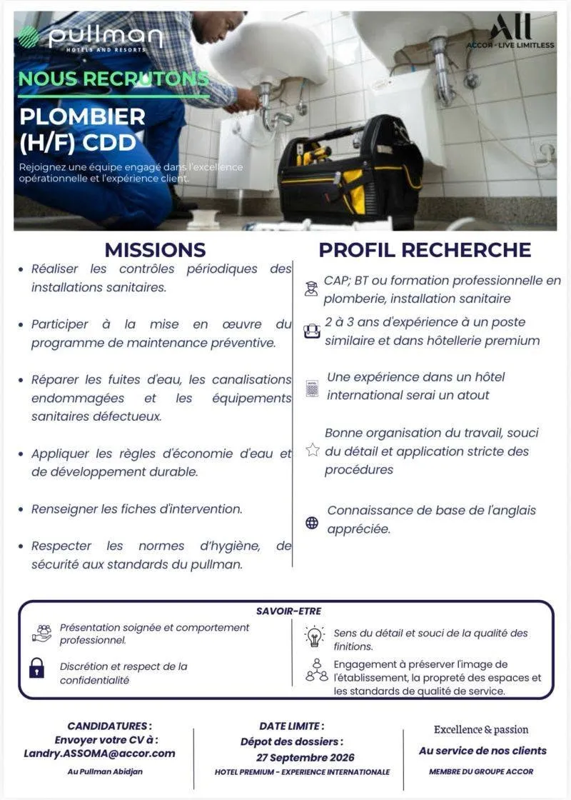 RECRUTEMENT DE PLOMBIER (H/F)