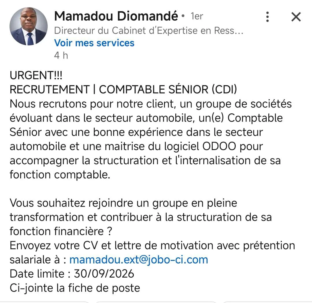 RECRUTEMENT D'UN COMPTABLE SENIOR