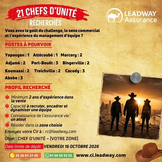 Offre d'emploi RECRUTEMENT DE 21 CHEFS D'UNITES