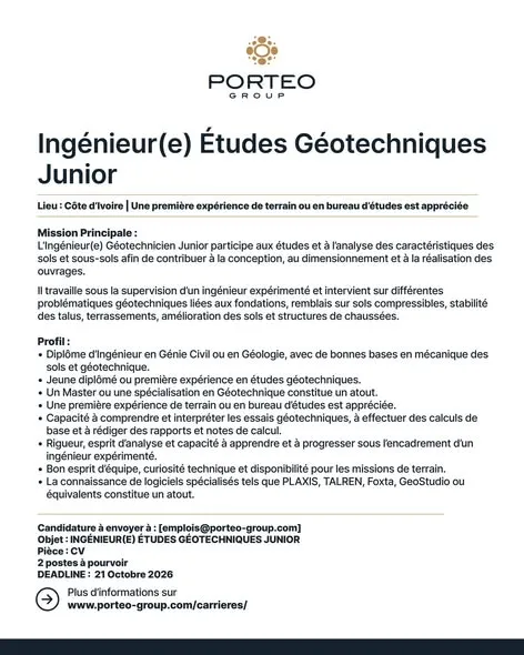 Offre d'emploi RECRUTEMENT INGENIEURE ETUDES GEOTECHNIQUE JUNIOR (H/F)