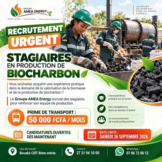 RECRUTEMENT DES STAGIAIRES EN PRODUCTION BIOCHARBON