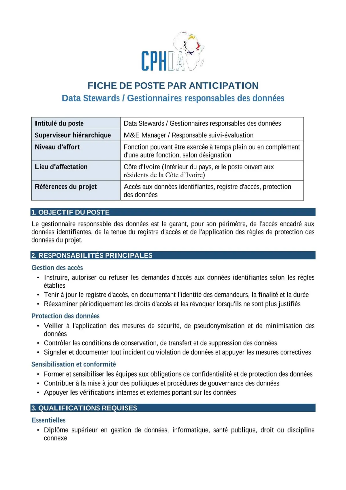 RECRUTEMENT GESTIONNAIRE RESPONSABLE DES DONNEES
