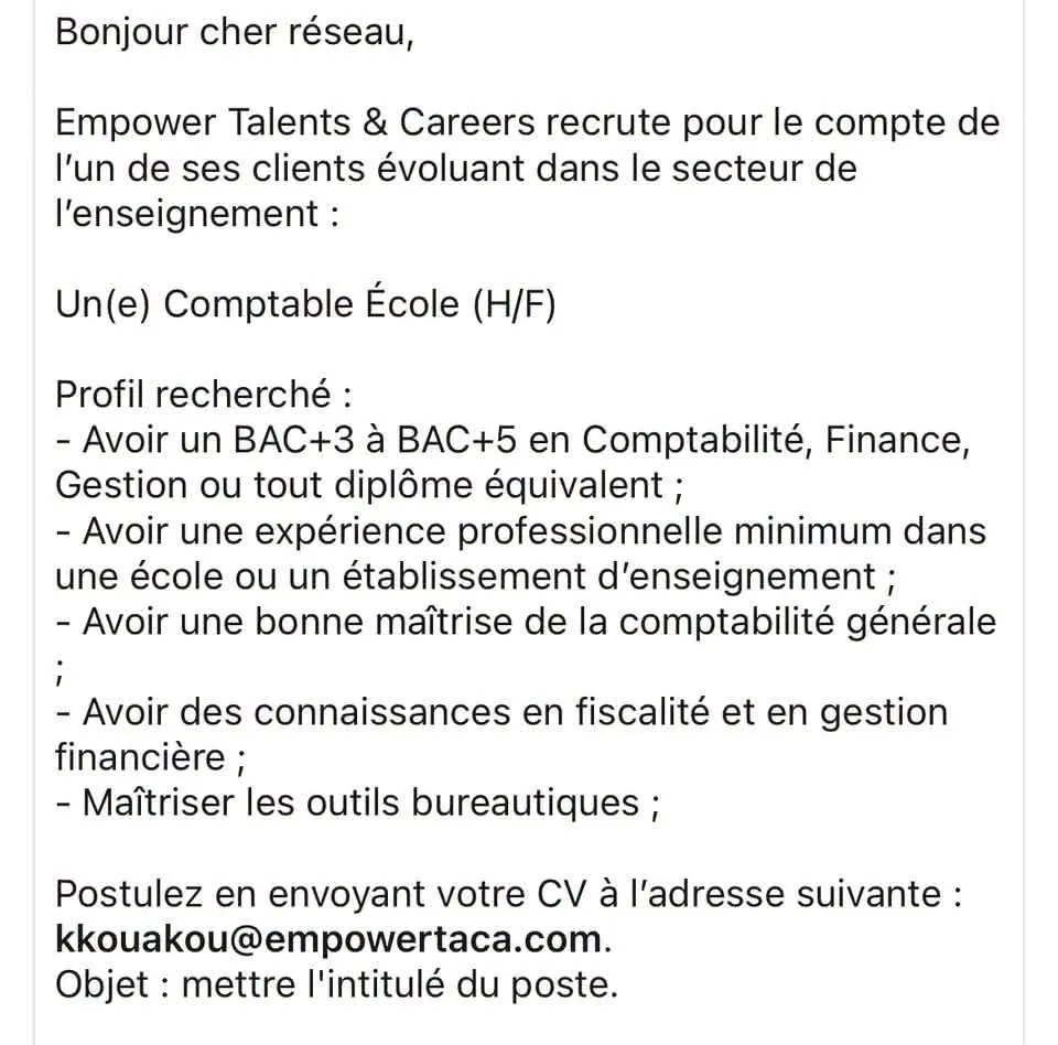 RECRUTEMENT COMPTABLRE ECOLE (H/F)