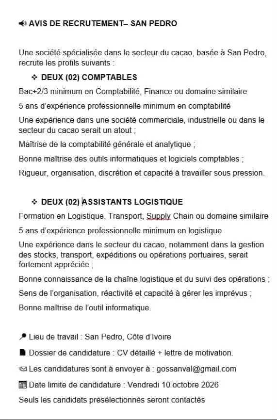 RECRUTEMENT COMPATBLE / ASSISTANT LOGISTIQUE