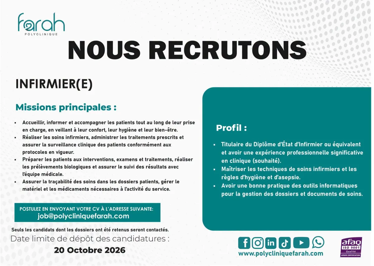 Offre d'emploi CLINIQUE RECRUTE D'INFIRMIER (H/F) à ABIDJAN
