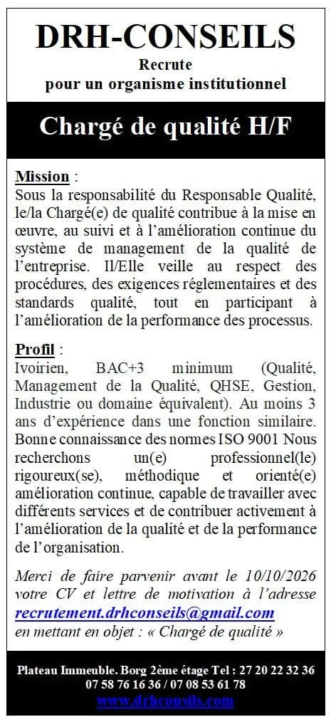 RECRUTEMENT CHARGE DE QUALITE (H/F)