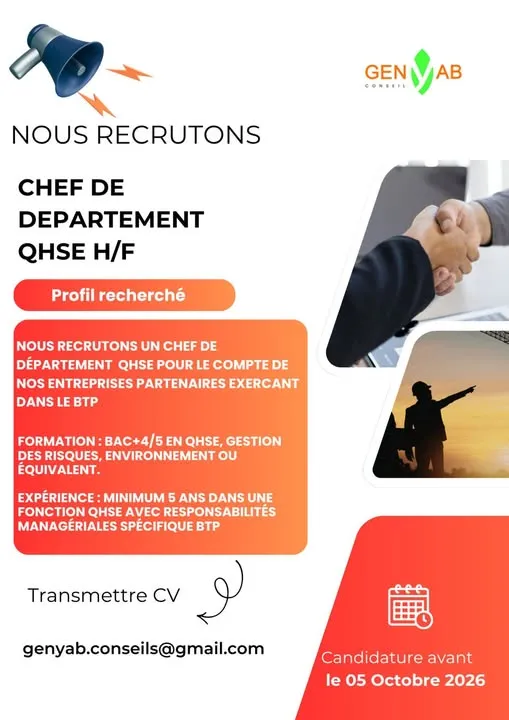 RECRUTEMENT CHEF DE DEAPRTEMENT QHSE