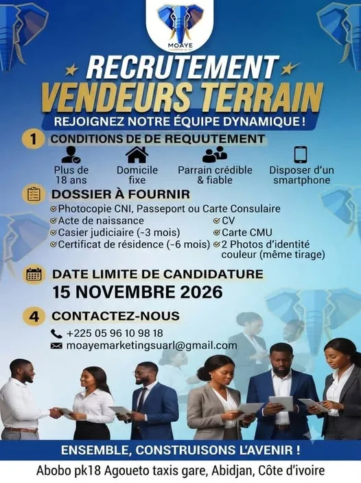 Offre d'emploi RECRUTEMENT DE VENDEURS TERRAIN