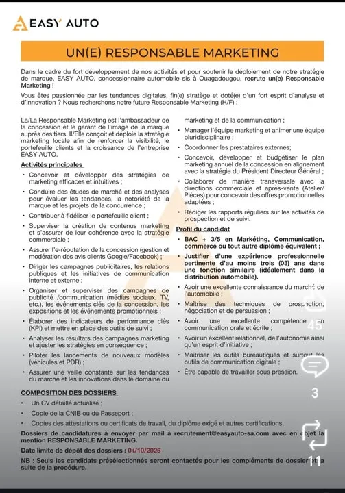 RECRUTEMENT RESPONSABLE MARKETING H/F
