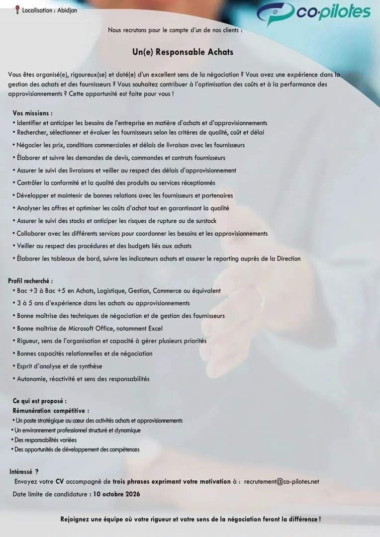 RECRUTEMENT UN(E) RESPONSABLE ACHATS