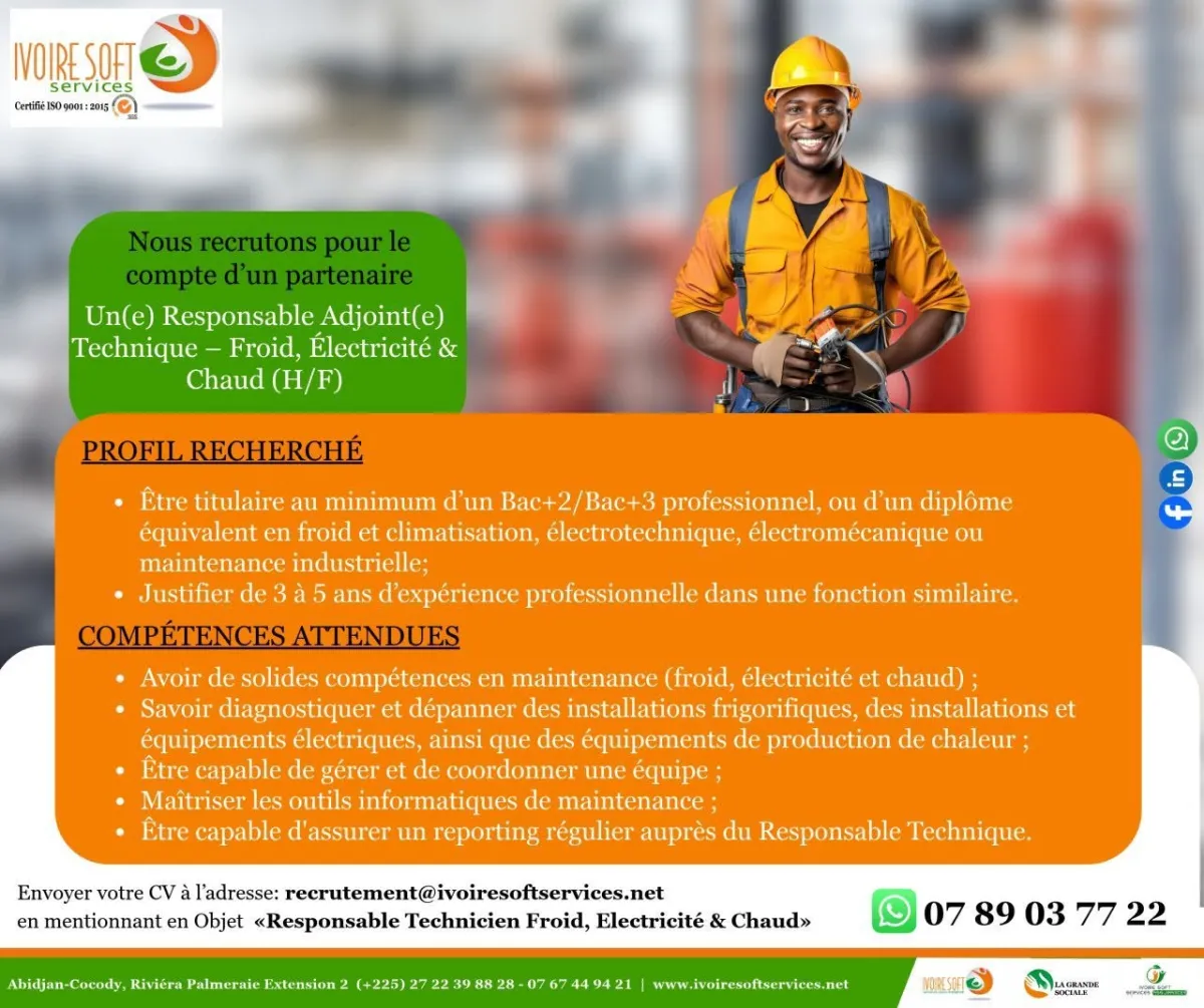 RECRUTEMENT – RESPONSABLE ADJOINT TECHNIQUE (H/F)