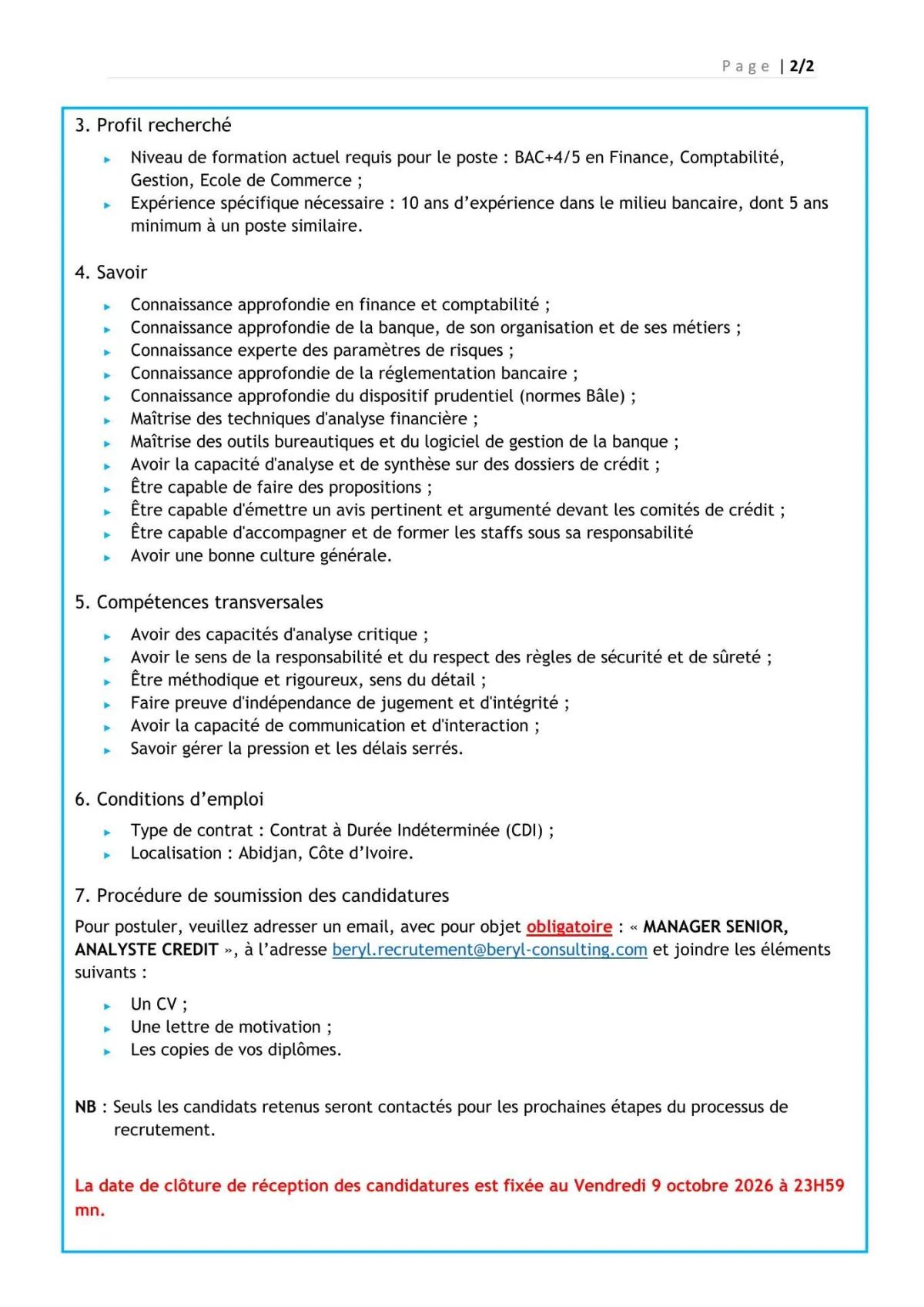 RECRUTEMENT MANAGER SENIOR, ANALYSTE CREDIT