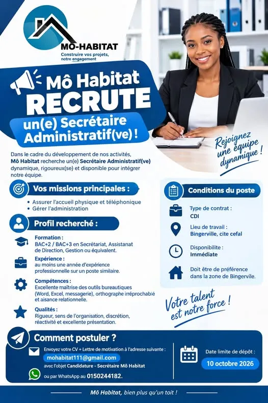 RECRUTEMENT SECRETAIRE ADMINISTRATIF (H/F)