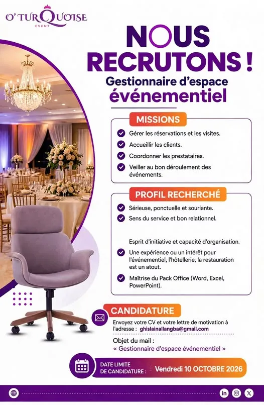 RECRUTEMENT GESTIONNAIRE D'ESPACE EVENEMENTIEL