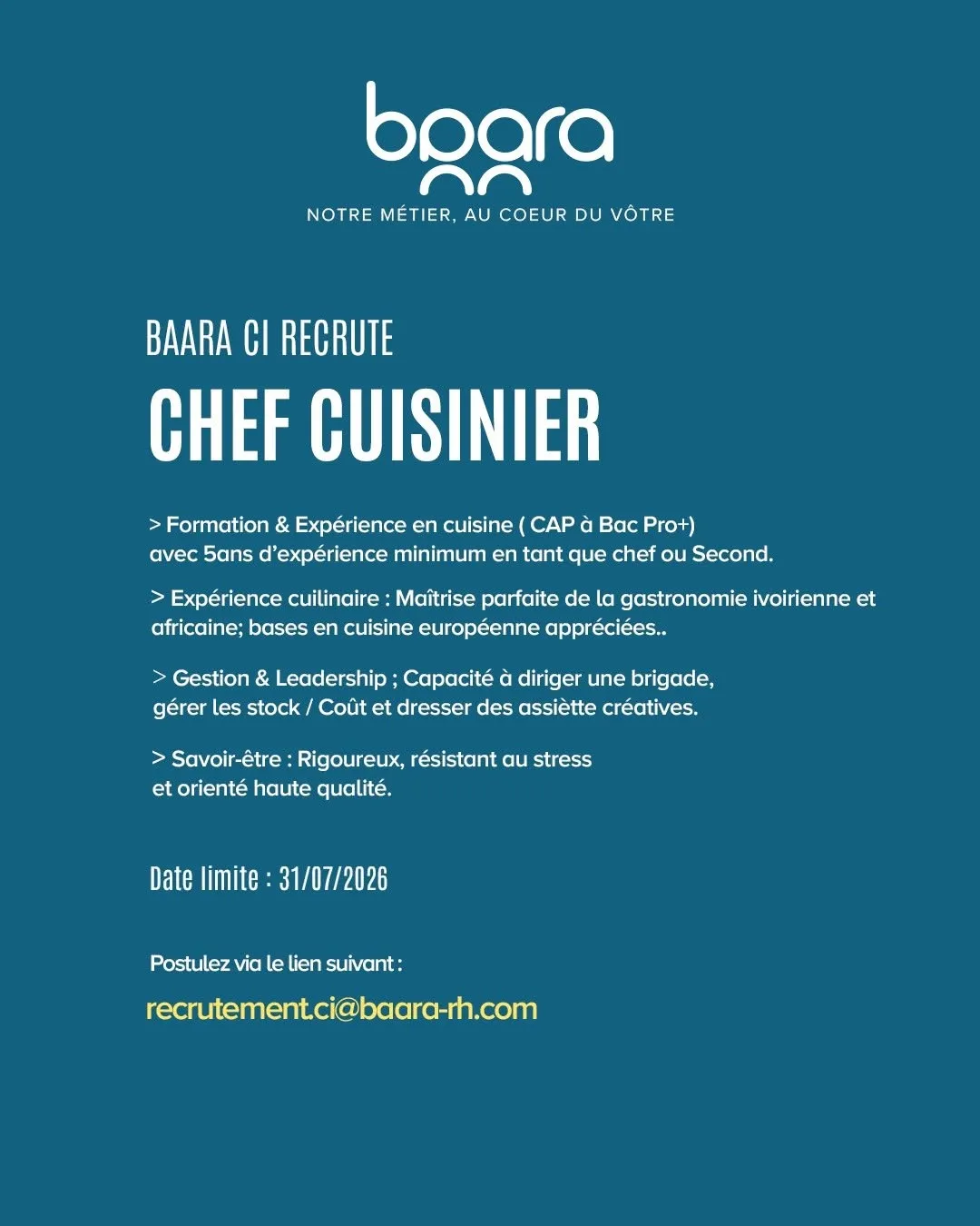 Offre d'emploi RECRUTEMENT CHEF CUISINIER H