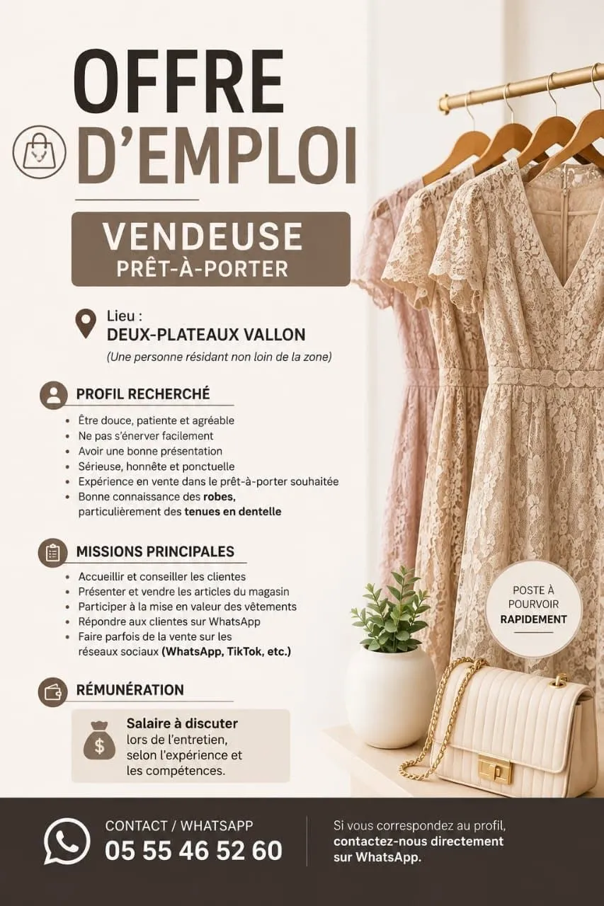 RECRUTEMENT VENDEUSE DE PRET A PORTE