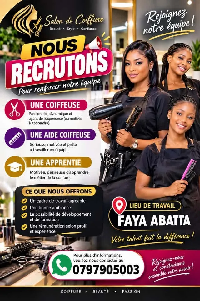 RECRUTEMENT DE PLUSIEURS POSTES SALON DE COIFFURE