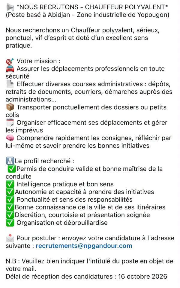 Offre d'emploi RECRUTEMENT DE CHAUFFEUR POLYVALENT