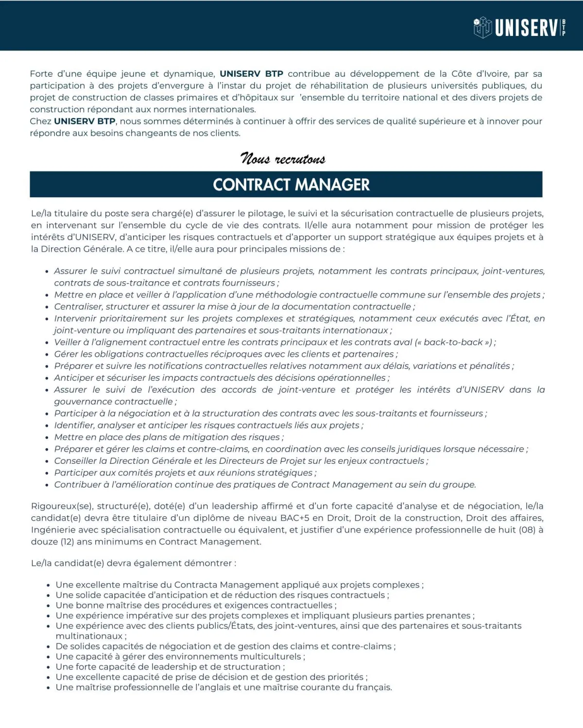 Offre d'emploi RECRUTEMENT CONTRACT MANAGER (H/F)