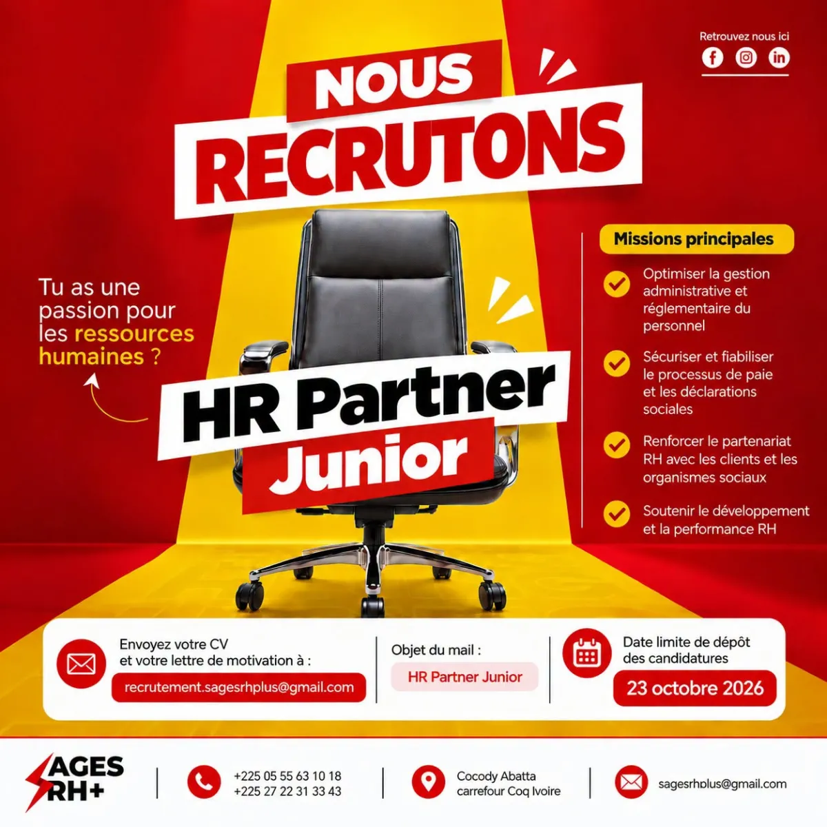 Offre d'emploi RECRUTEMENT HR PARTNER JUNIOR