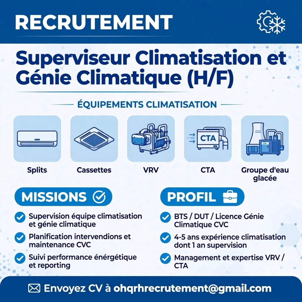 RECRUTEMENT SUPERVISEUR CLIMATISATION & GÉNIE CLIMATIQUE (H/F)