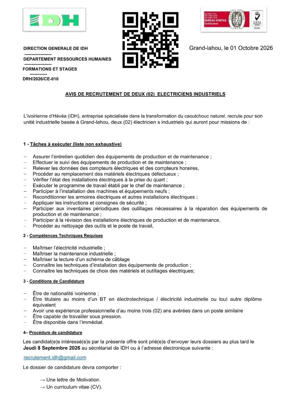 RECRUTEMENT DE 2 ELECTRICIENS INDUSTRIELSH/F
